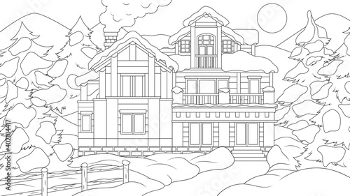 Vector illustration, a house in the forest for the new year