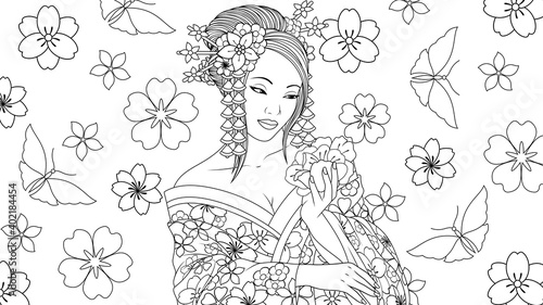 Vector illustration, beautiful geisha girl admires a flower