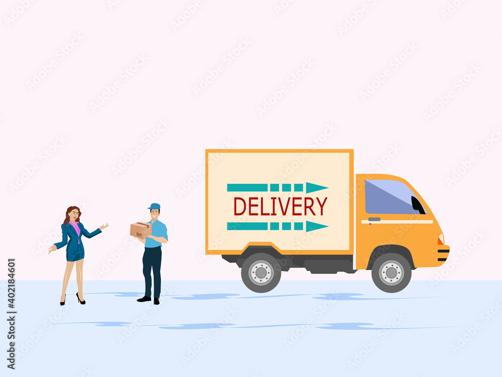 A delivery driver delivers goods for a female customer to order with white background. A delivery driver delivers goods for a female customer to order with white background.