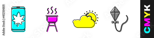 Set Leaf on mobile phone, Barbecue grill, Sun and cloud weather and Kite icon. Vector.