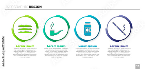 Set Cocaine or heroin drug, Smoking pipe, Medicine bottle and pills and Cigarette. Business infographic template. Vector.