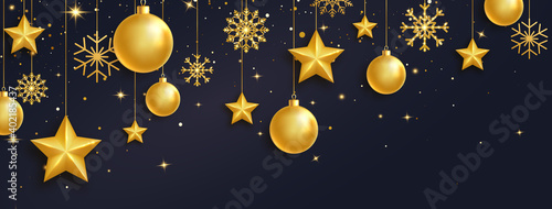 Golden balls  stars and snowflakes garland on long banner. Luxury hanging baubles with ribbon. Christmas 3d gold glass toys. Bright Holiday ornament. Festive glitter design elements. Vector