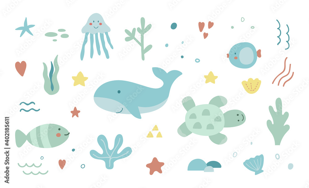 Save the ocean hand drawn sea life elements. Unique marine life objects. Collection of ecology stickers. Sea fauna with whale, shell, turtle, corals. Doodle underwater seascape. Vector Illustration