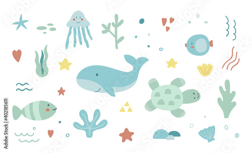 Save the ocean hand drawn sea life elements. Unique marine life objects. Collection of ecology stickers. Sea fauna with whale, shell, turtle, corals. Doodle underwater seascape. Vector Illustration