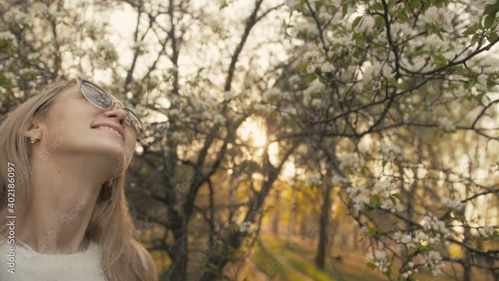 Attractive young woman in sweater, jeans is dance and spinning among blossom apple tree. Sunset, spring orchard and green field. Slow motion. Caucasian one girl, long fluttering hair. Sun glasses. Attractive young woman in sweater, jeans is dance and spinning among blossom apple tree. Sunset, spring orchard and green field. Slow motion. Caucasian one girl, long fluttering hair. Sun glasses.