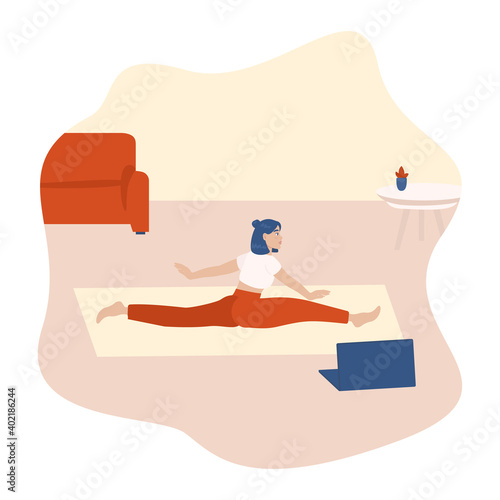 Online yoga, fitness, stretching and training concept. Yoga pose, woman to do the splits silhouette. Vector of a fit girl practicing yoga together with fitness instructor on laptop screen.