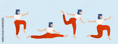 Set of vector silhouettes of woman doing yoga exercises. Colored icons of a girl in many different yoga poses isolated on pink background. Yoga complex. Fitness workout.
