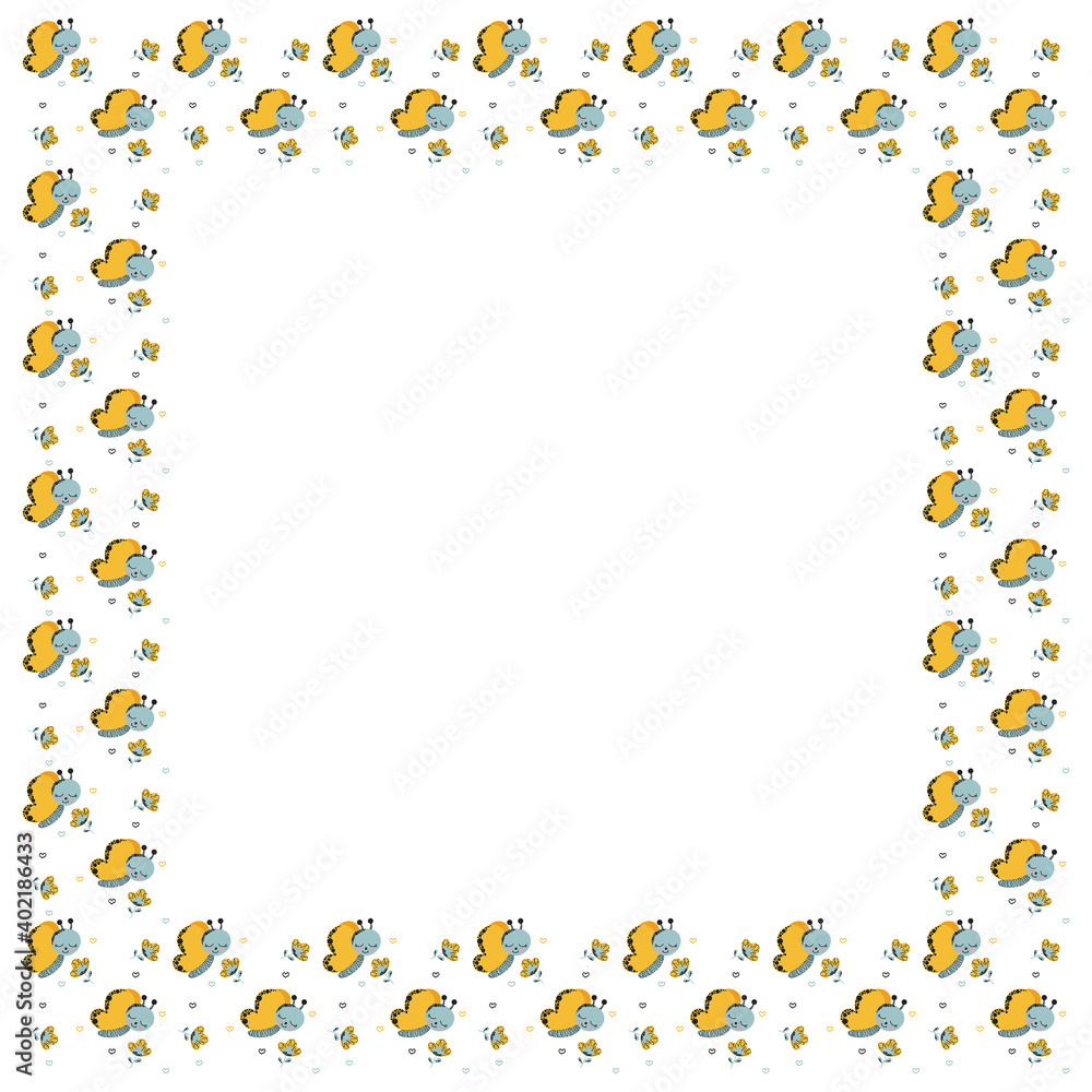 A square isolated frame of cute cartoon pretty butterflies, abstract flowers, and doodles of hearts on a white background. Summer joyful childish template for graphic design. Vector. A square isolated frame of cute cartoon pretty butterflies, abstract flowers, and doodles of hearts on a white background. Summer joyful childish template for graphic design. Vector.