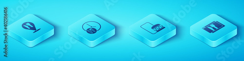 Set Isometric Cafe and restaurant location, Round the clock delivery, Online ordering and icon. Vector.
