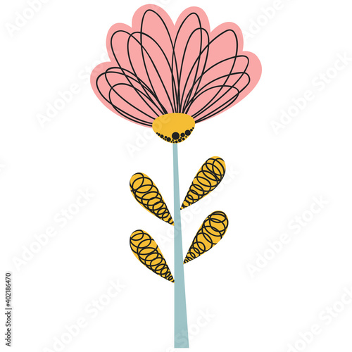 An abstract blossoming isolated simple flower with an opening bud on a white background. For nursery decor, birthday party, printing on children`s apparel. Vector.