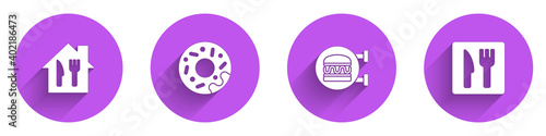 Set Online ordering and delivery, Donut, burger and Cafe restaurant location icon with long shadow. Vector.