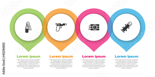 Set Cocktail molotov, Pistol or gun, Dynamite and timer clock and Rocket. Business infographic template. Vector.