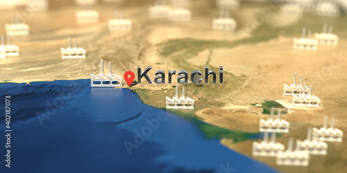 Factory icons near Karachi city on the map, industrial production related 3D rendering