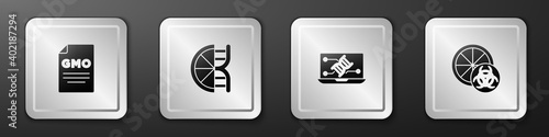 Set GMO, Genetically modified orange, engineering modification and icon. Silver square button. Vector.