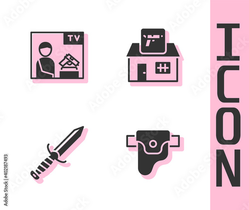 Set Gun in holster, Advertising weapon, Military knife and Hunting shop icon. Vector.