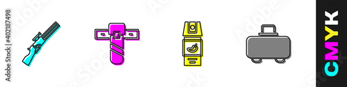 Set Hunting gun, Knife holster, Pepper spray and Weapon case icon. Vector.