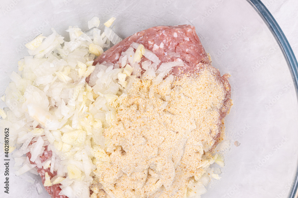 Raw Minced Meat ready for preparing meatballs Raw Minced Meat ready for preparing meatballs