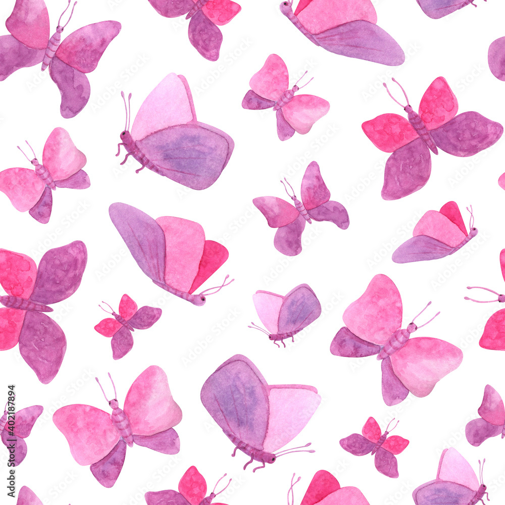 Watercolor seamless pattern with pink butterflies. Hand painted fairy butterfly texture isolated on white background. Romantic design for Valentine's day, textile, cards, decoration