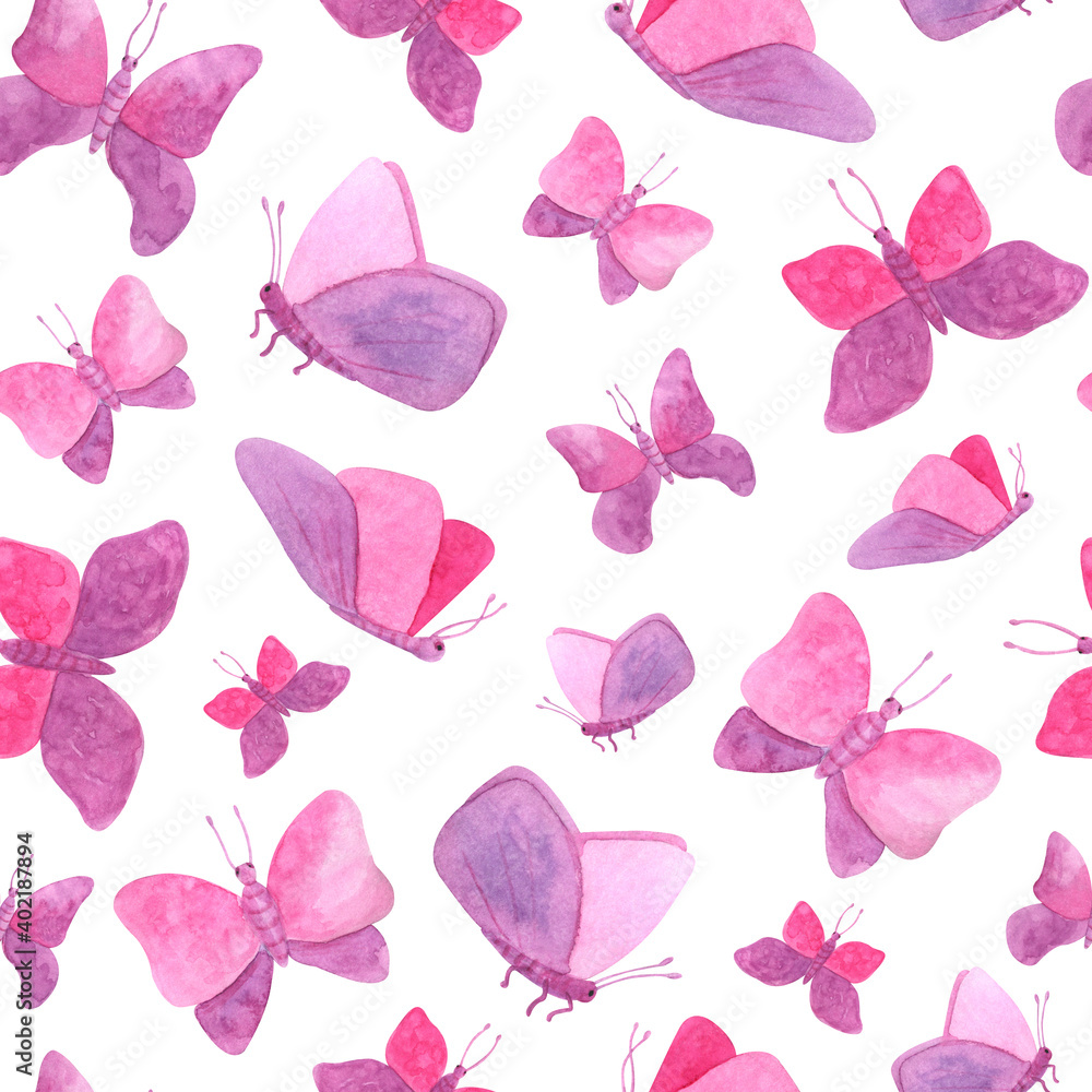 Fototapeta premium Watercolor seamless pattern with pink butterflies. Hand painted fairy butterfly texture isolated on white background. Romantic design for Valentine's day, textile, cards, decoration