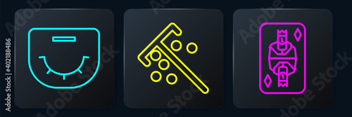Set line Poker table, King playing card with diamonds and Stick for chips. Black square button. Vector.