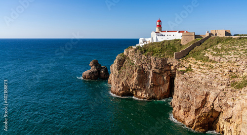 view of the lighthouse at Cabo da Sao Vicente on the Algarve coast of Portugal