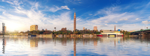 Panorama of Cairo at sunset, the TV Tower and Nile view, Egypt