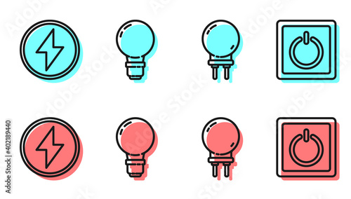 Set line Light emitting diode, Lightning bolt, Light bulb with concept of idea and Electric light switch icon. Vector.