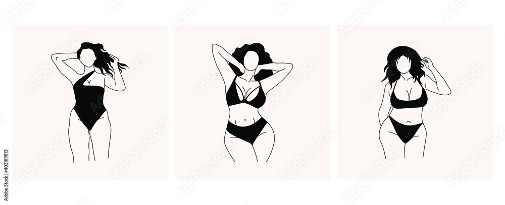 Abstract poster set with faceless curvy ladies, hand drawn elegant art. Outline body parts. Beautiful bodies, trendy fashion illustrations