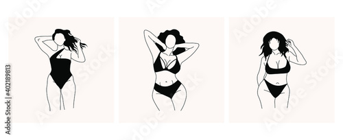 Abstract poster set with faceless curvy ladies, hand drawn elegant art. Outline body parts. Beautiful bodies, trendy fashion illustrations