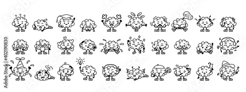 Schilderij op canvas Set of brain cartoons with different emotions - Vector illustration