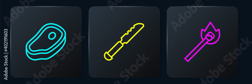 Set line Steak meat, Burning match with fire and Bread knife. Black square button. Vector.