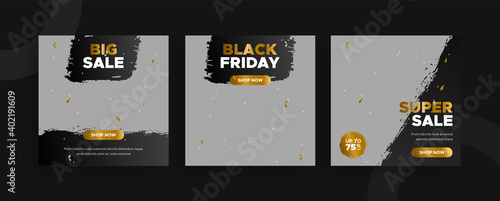 Set of editable templates for Instagram post, Facebook square frame, Black Friday, social media, advertisement, and business promotion, fresh design with black gold color and minimalist vector (2/3)