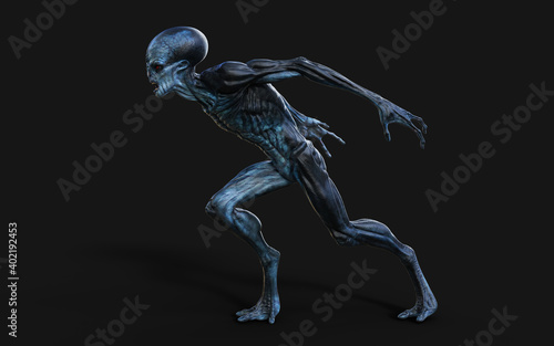 3d Illustration of a red eyes alien on dark background with clipping path.