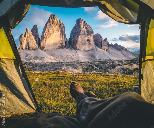 View inside tent in Tre cime di Lavaredo, Dolomites, Italy