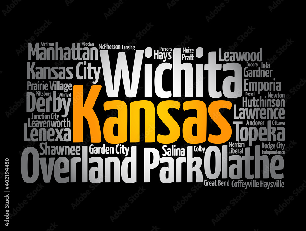 List of cities in Kansas USA state, map silhouette word cloud, map concept background