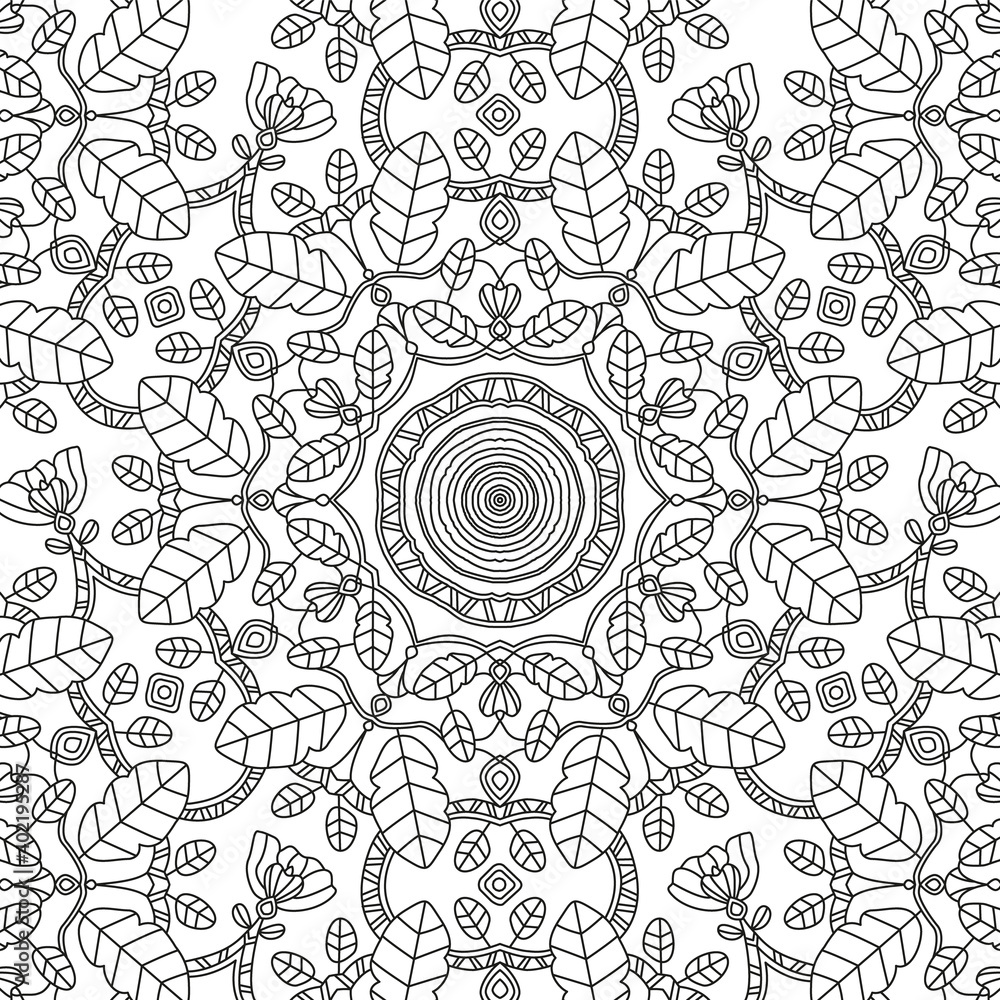 Floral Nature Mandala Motive - Coloring Book Vector Illustration In Black and White