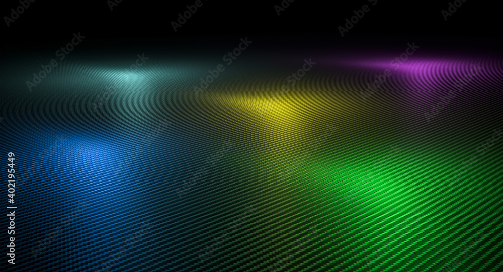 carbon fiber textured background with lights of different colors.