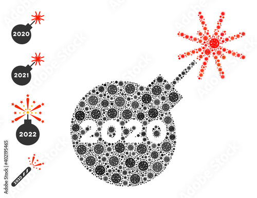 2020 petard covid mosaic icon. 2020 petard collage is formed with scattered covid icons. Bonus icons are added. Flat style.