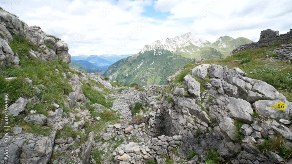 trench on Carnic Alps, site of battles between the Italian and Austrian armies in the World War 1. Passo di Monte Croce, Pal Piccolo, Friuli Venezia Giulia, Italy trench on Carnic Alps, site of battles between the Italian and Austrian armies in the World War 1. Passo di Monte Croce, Pal Piccolo, Friuli Venezia Giulia, Italy