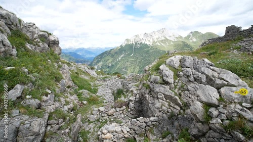 trench on Carnic Alps, site of battles between the Italian and Austrian armies in the World War 1. Passo di Monte Croce, Pal Piccolo, Friuli Venezia Giulia, Italy photo