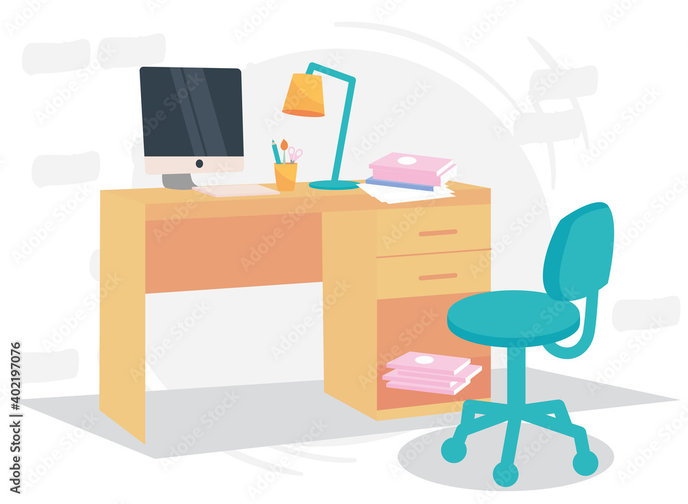 workplace with desk computer and pencils vector design workplace with desk computer and pencils vector design