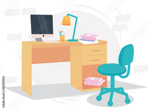 workplace with desk computer and pencils vector design