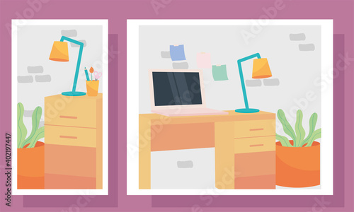 workplaces icon set in frames vector design