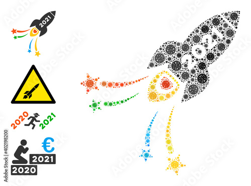 2021 fireworks rocket coronavirus mosaic icon. 2021 fireworks rocket collage is formed of scattered pathogen pictograms. Bonus pictograms are added. Flat style.