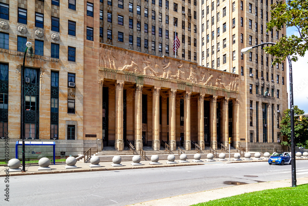 Buffalo, New York, USA - September 2, 2019: Buffalo City Hall entrance is shown in Buffalo, New York, USA. 