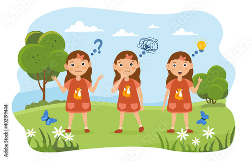 Three young girls standing in a row thinking in a park gesturing with different expressions and thought icons  colored cartoon vector illustration with fictional character