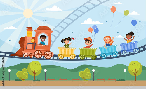 Fototapeta Naklejka Na Ścianę i Meble -  Young children enjoying a fairground ride in the colorful carriages of an elevated train with engine, colored cartoon vector illustration