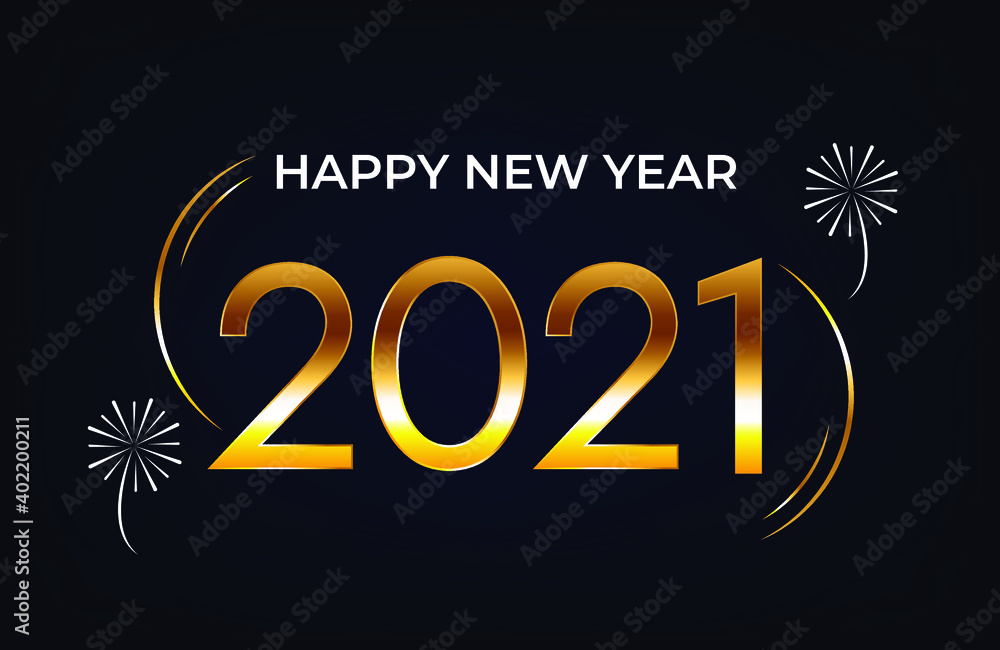 Happy New Year 2021. Vector banner with golden numbers, lines and white fireworks on a dark background. Happy New Year 2021. Vector banner with golden numbers, lines and white fireworks on a dark background.