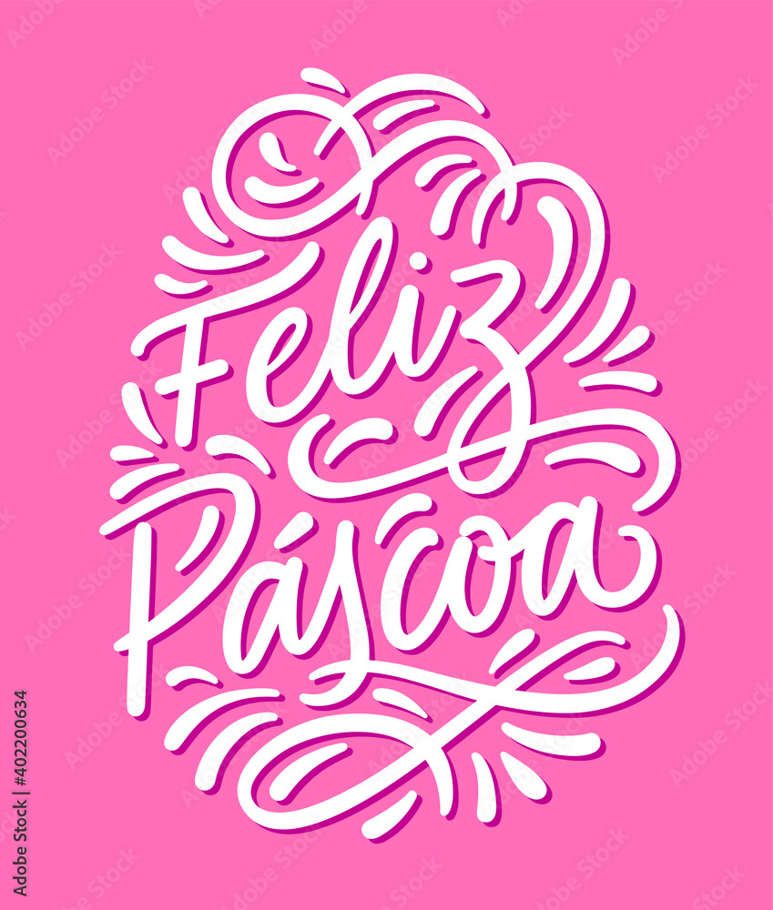 Happy Easter portuguese lettering hand draw; Lettering Feliz Páscoa em português, rosa e branco, feito à mão