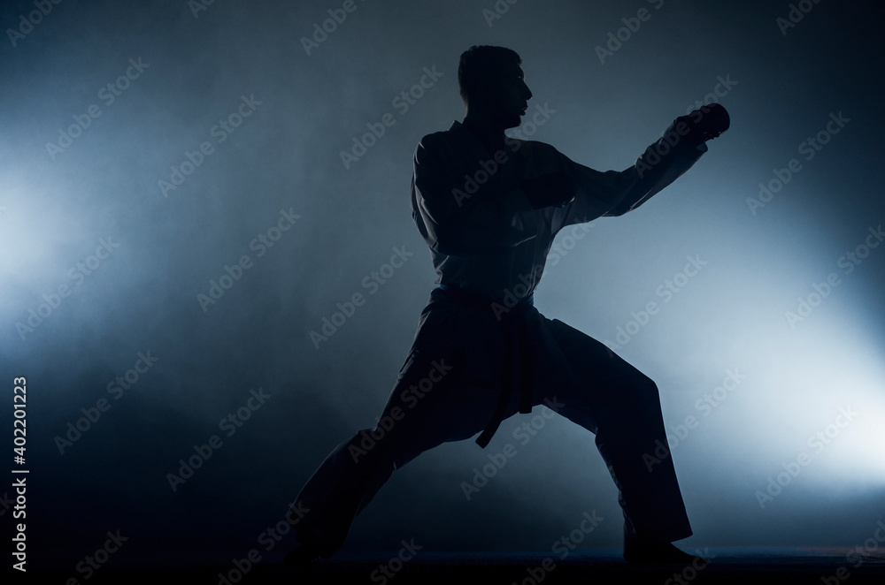 Two red and blue belt fighters training karate in gym Two red and blue belt fighters training karate in gym